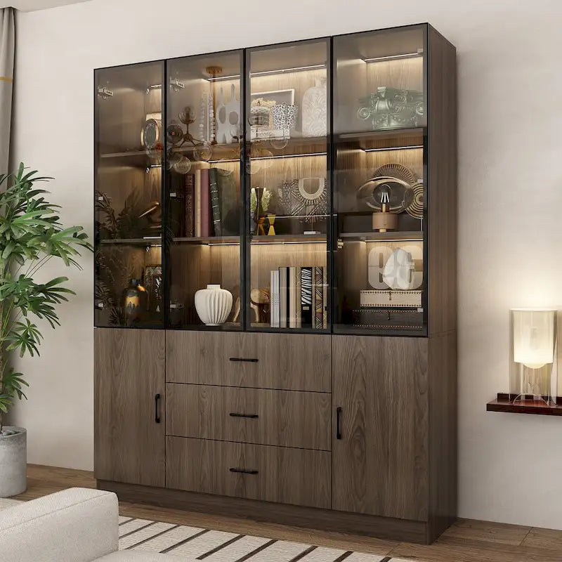 Armadietto in alluminio e vetro nero con venature in legno e luce LED | Unità singola | Diverse dimensioni