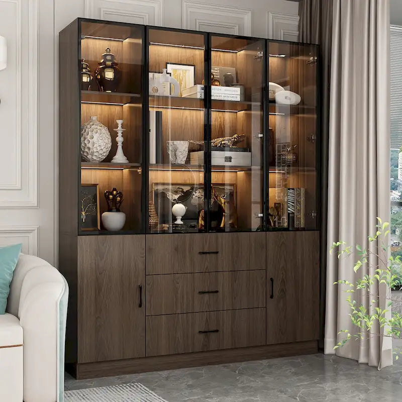Armadietto in alluminio e vetro nero con venature in legno e luce LED | Unità singola | Diverse dimensioni