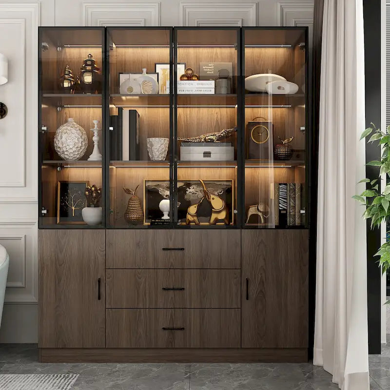Armadietto in alluminio e vetro nero con venature in legno e luce LED | Unità singola | Diverse dimensioni