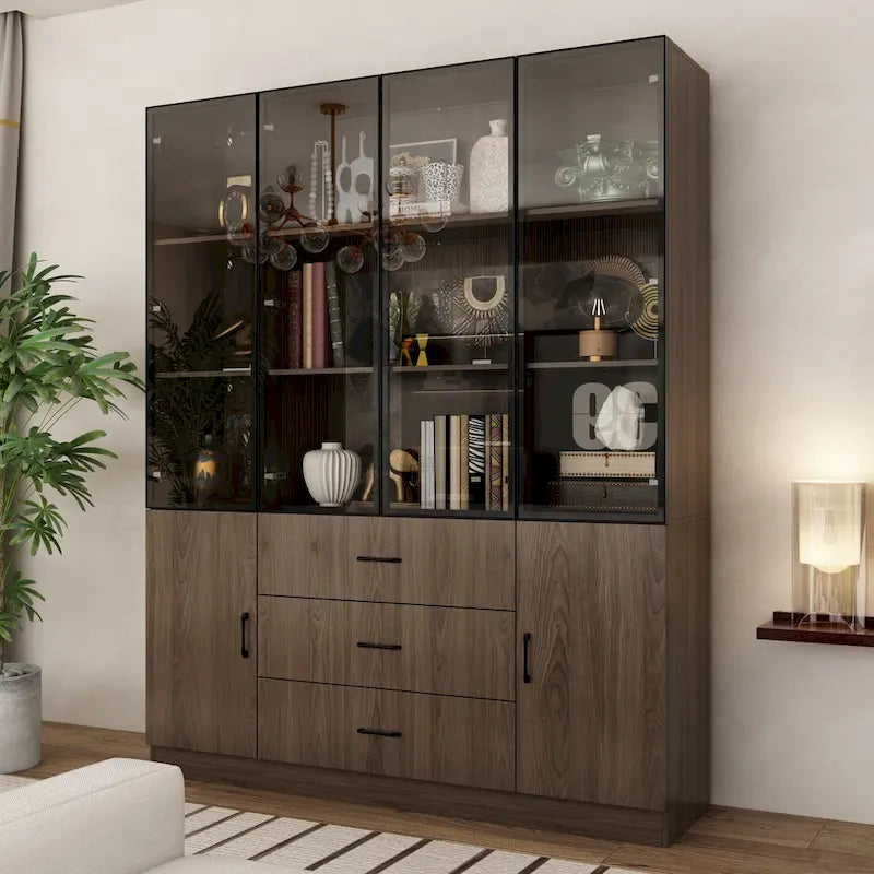 Armadietto in alluminio e vetro nero con venature in legno e luce LED | Unità singola | Diverse dimensioni
