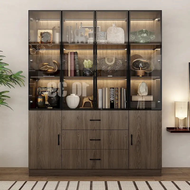 Armadietto in alluminio e vetro nero con venature in legno e luce LED | Unità singola | Diverse dimensioni