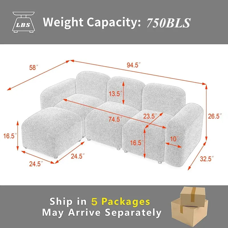 Divano componibile a L moderno e modulare, combinazione fai da te, divano imbottito a 3 posti con chaise longue per soggiorno