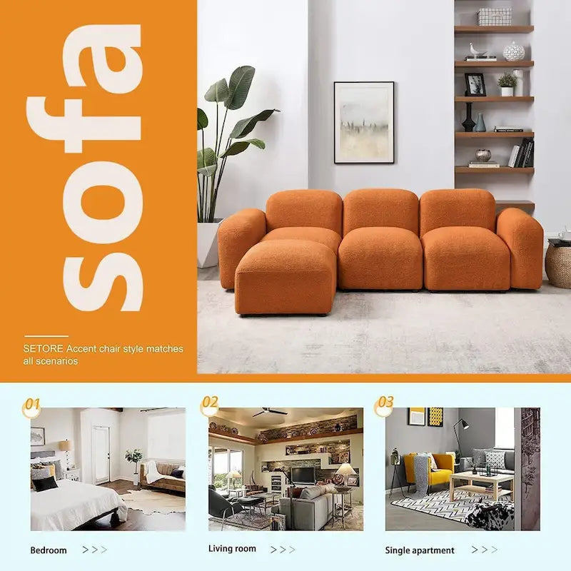 Divano componibile a L moderno e modulare, combinazione fai da te, divano imbottito a 3 posti con chaise longue per soggiorno