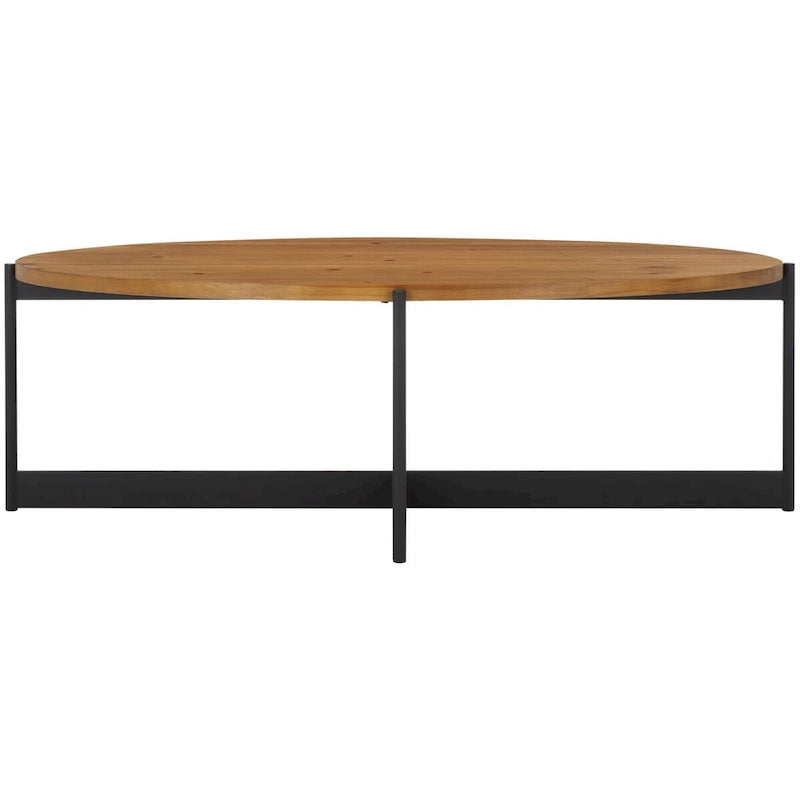 Tavolino da Caffè Ovale Marrone Naturale, Piano in Legno di Abete e Base in Metallo Nero