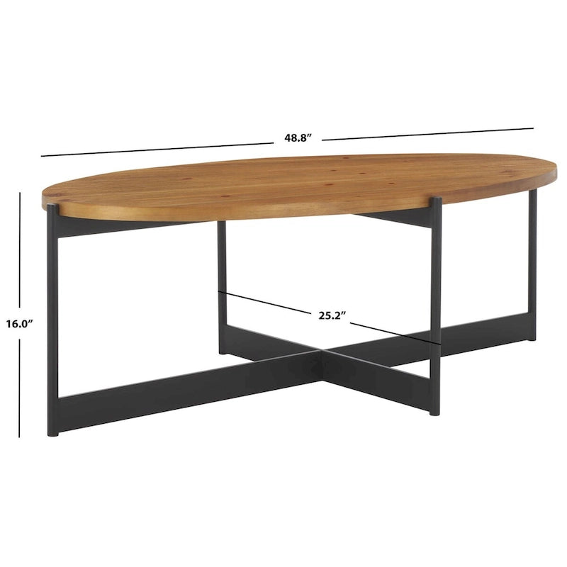 Tavolino da Caffè Ovale Marrone Naturale, Piano in Legno di Abete e Base in Metallo Nero