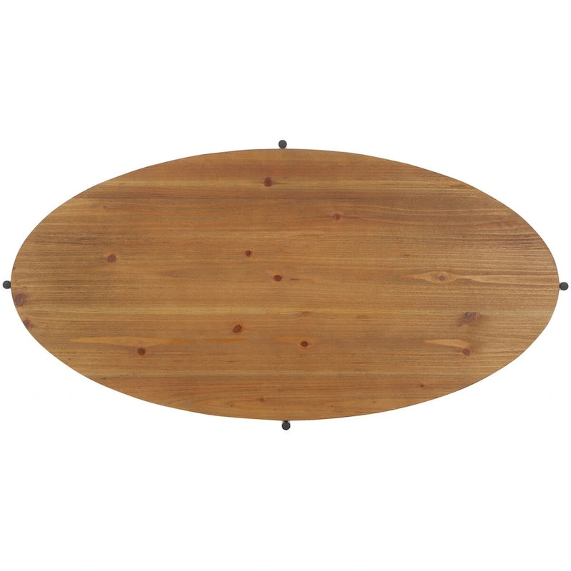 Tavolino da Caffè Ovale Marrone Naturale, Piano in Legno di Abete e Base in Metallo Nero