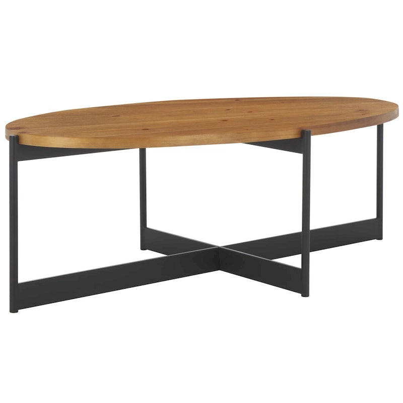 Tavolino da Caffè Ovale Marrone Naturale, Piano in Legno di Abete e Base in Metallo Nero