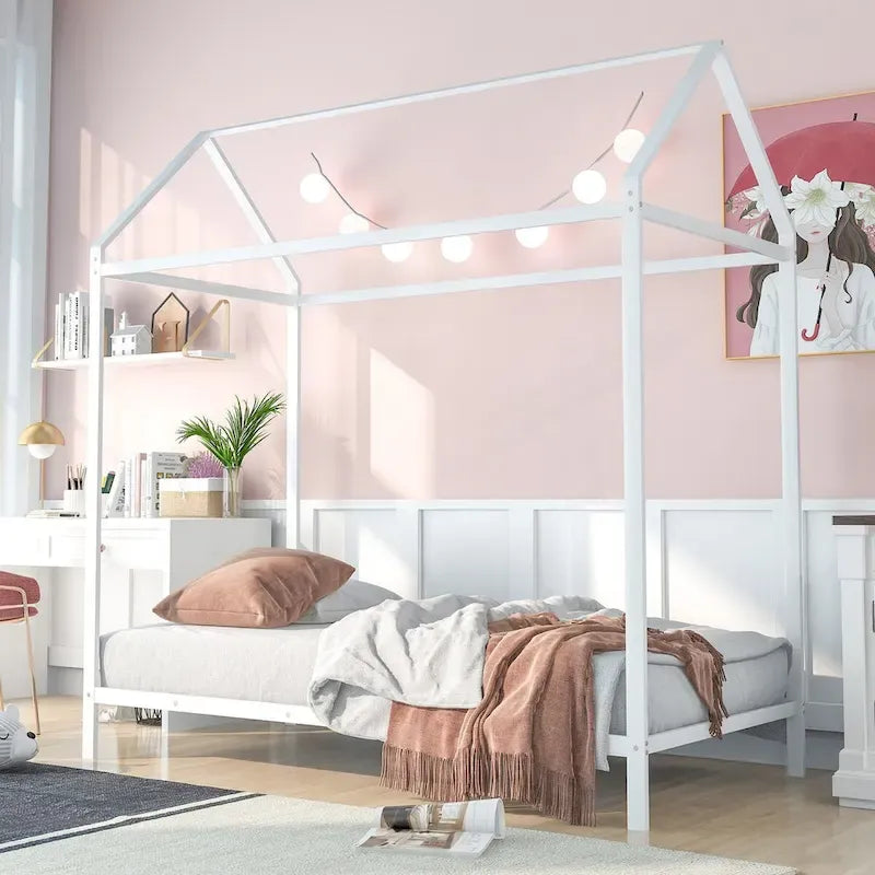 House Bed Frame Twin Size , Kids Bed Frame Metal Platform Bed Floor Bed for Kids Boys Girls No Box Spring Needed