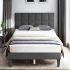 Letto a piattaforma imbottito in lino con struttura in legno e testiera, non è necessaria la rete a molle, senza rumore, misure T/F/Q