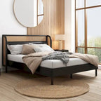 Letto a piattaforma Queen size con schienale alto e ali, in noce e rattan nero, 2 persone