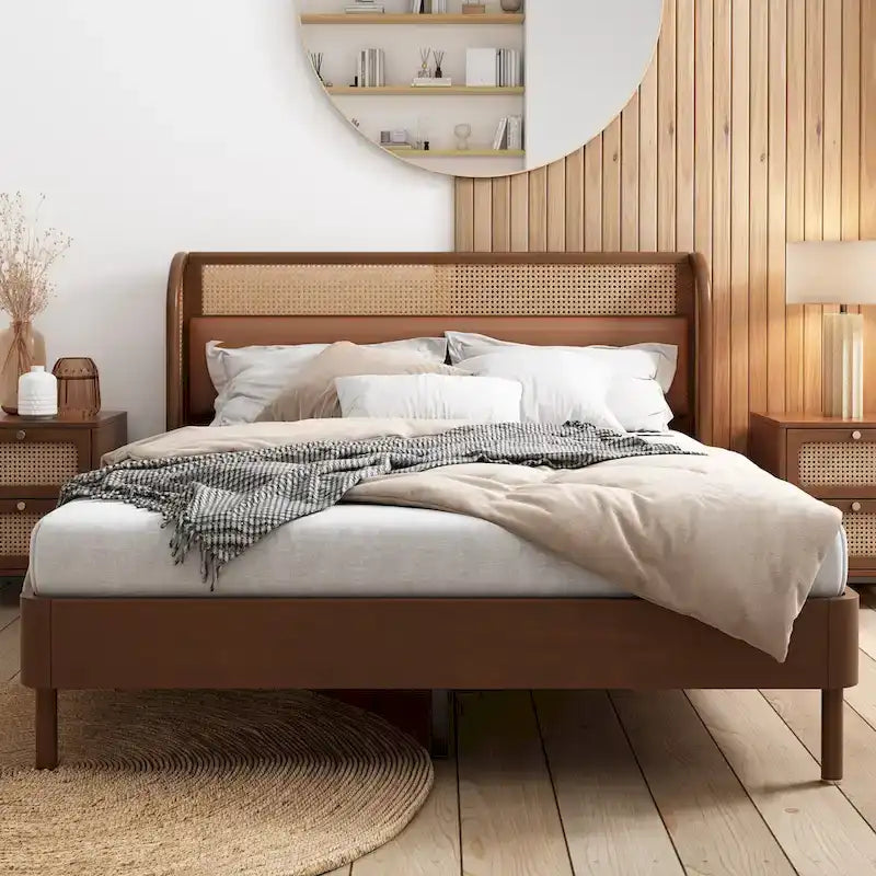 Letto a piattaforma Queen size con schienale alto e ali, in noce e rattan nero, 2 persone