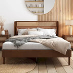 Letto a piattaforma Queen size con schienale alto e ali, in noce e rattan nero, 2 persone