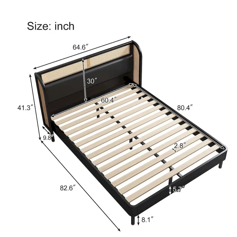 Letto a piattaforma Queen size con schienale alto e ali, in noce e rattan nero, 2 persone