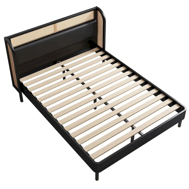 Letto a piattaforma Queen size con schienale alto e ali, in noce e rattan nero, 2 persone