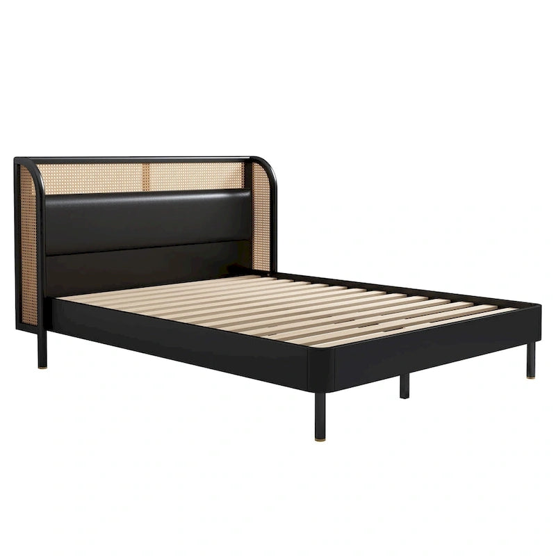 Letto a piattaforma Queen size con schienale alto e ali, in noce e rattan nero, 2 persone