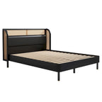 Letto a piattaforma Queen size con schienale alto e ali, in noce e rattan nero, 2 persone
