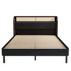 Letto a piattaforma Queen size con schienale alto e ali, in noce e rattan nero, 2 persone