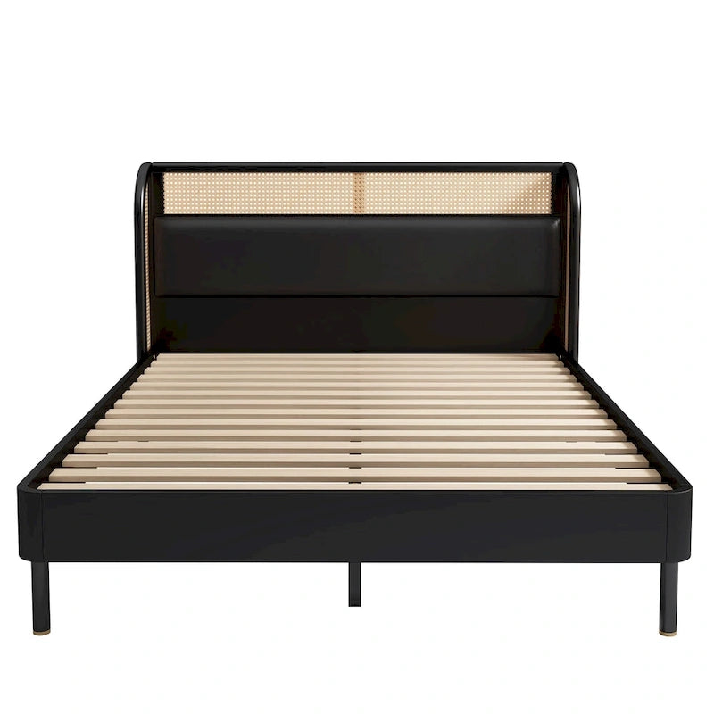 Letto a piattaforma Queen size con schienale alto e ali, in noce e rattan nero, 2 persone