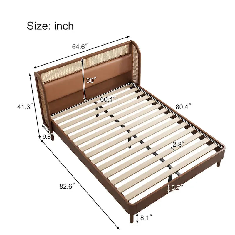 Letto a piattaforma Queen size con schienale alto e ali, in noce e rattan nero, 2 persone