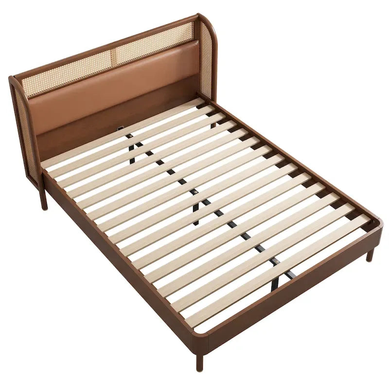 Letto a piattaforma Queen size con schienale alto e ali, in noce e rattan nero, 2 persone
