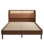 Letto a piattaforma Queen size con schienale alto e ali, in noce e rattan nero, 2 persone