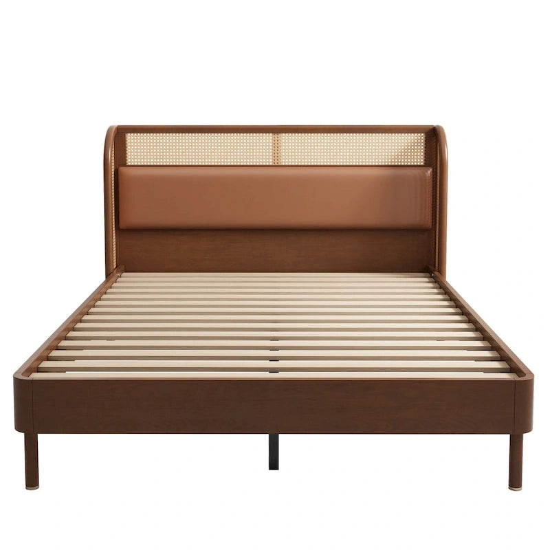 Letto a piattaforma Queen size con schienale alto e ali, in noce e rattan nero, 2 persone