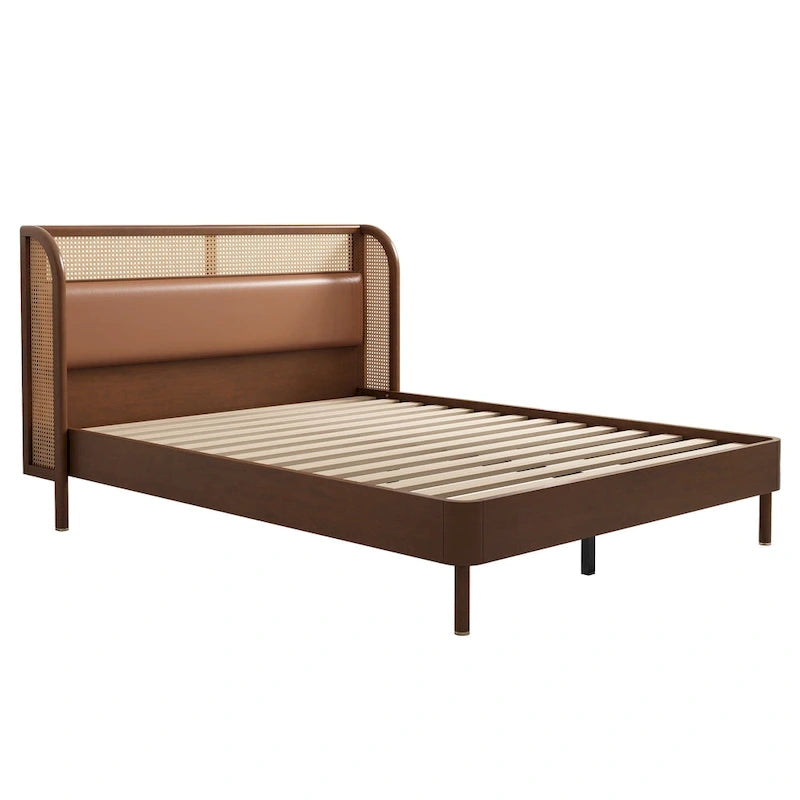 Letto a piattaforma Queen size con schienale alto e ali, in noce e rattan nero, 2 persone