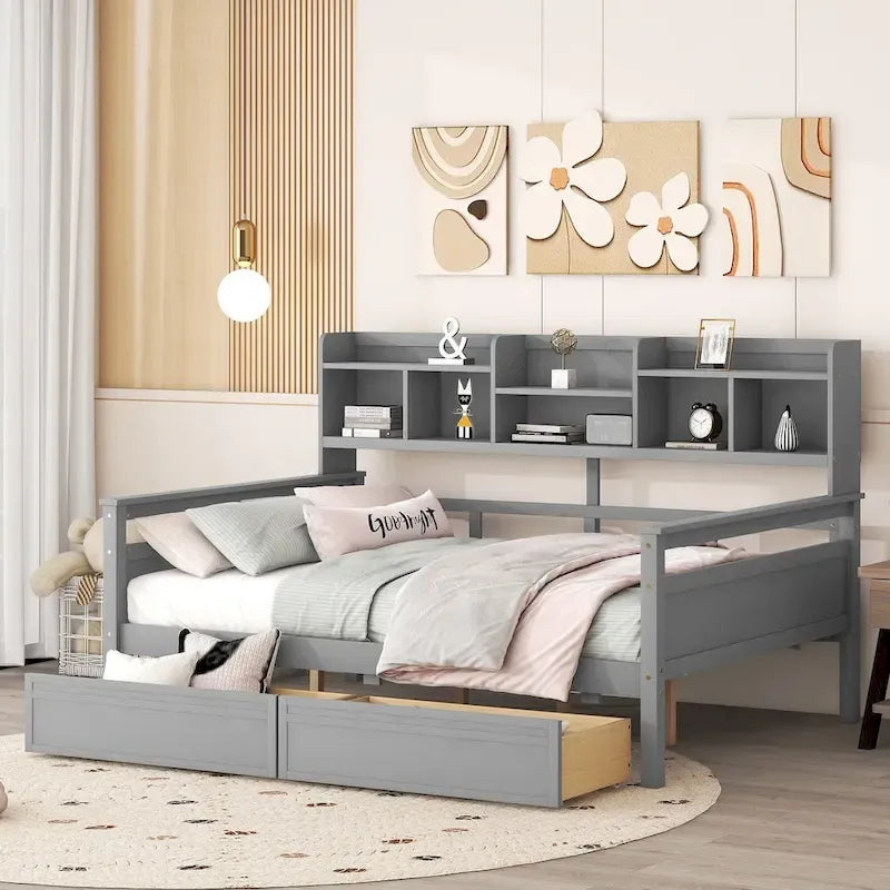Full size Daybed, Wood Slat Support, with Bedside Shelf and Two Drawers