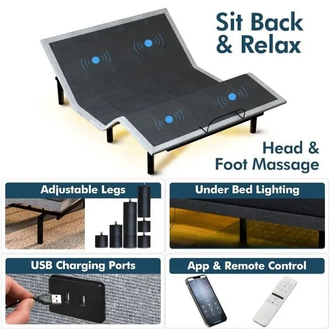 Base regolabile Renanim SF con materasso ibrido da 12", massaggio, USB, luce sotto il letto, app, inclinazione testa e piedi