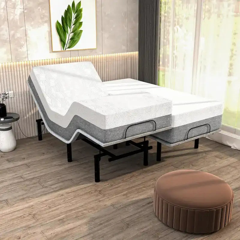 Base regolabile Renanim SF con materasso ibrido da 12", massaggio, USB, luce sotto il letto, app, inclinazione testa e piedi