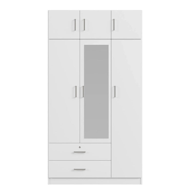 Armadio a 3 ante bianco/grigio con specchio, 2 cassetti e pensile superiore – Montaggio 1 persona