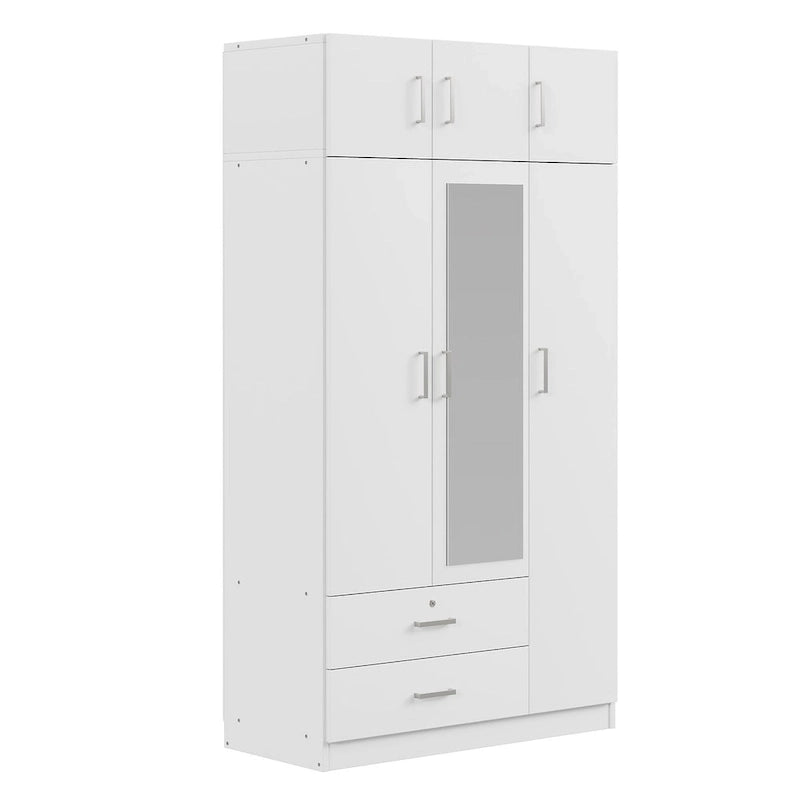 Armadio a 3 ante bianco/grigio con specchio, 2 cassetti e pensile superiore – Montaggio 1 persona