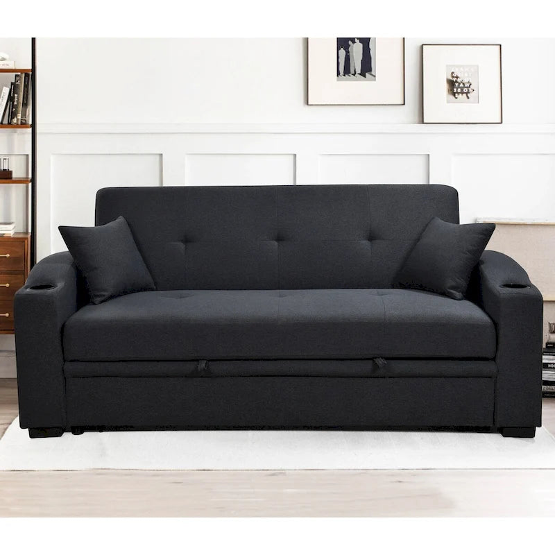 Divano Letto Convertibile Grigio / Nero a 2 Posti con Schienale Reclinabile e Portabicchieri