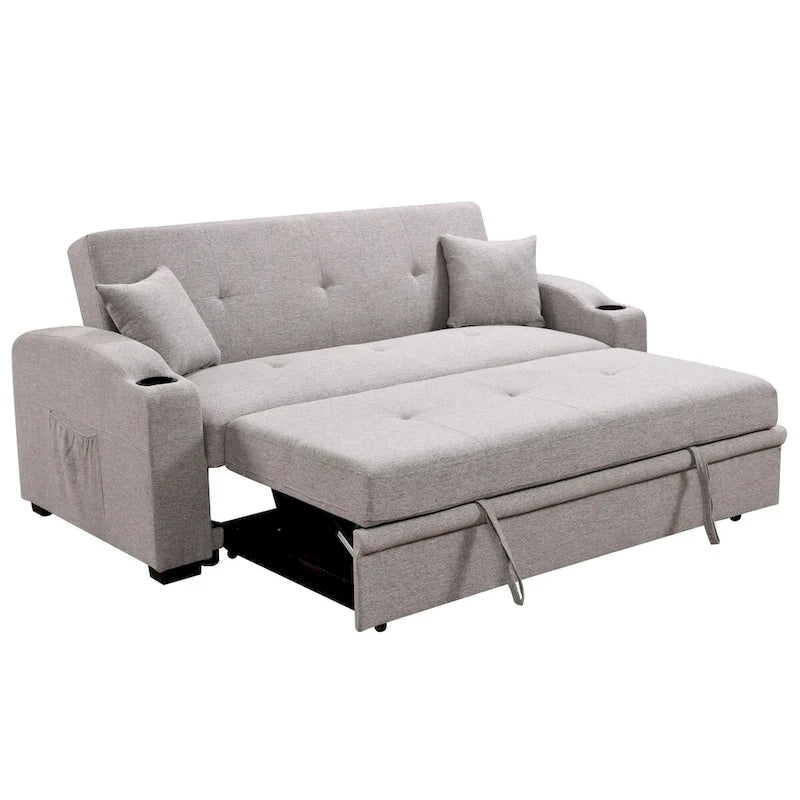 Divano Letto Convertibile Grigio / Nero a 2 Posti con Schienale Reclinabile e Portabicchieri