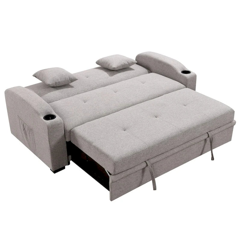 Divano Letto Convertibile Grigio / Nero a 2 Posti con Schienale Reclinabile e Portabicchieri
