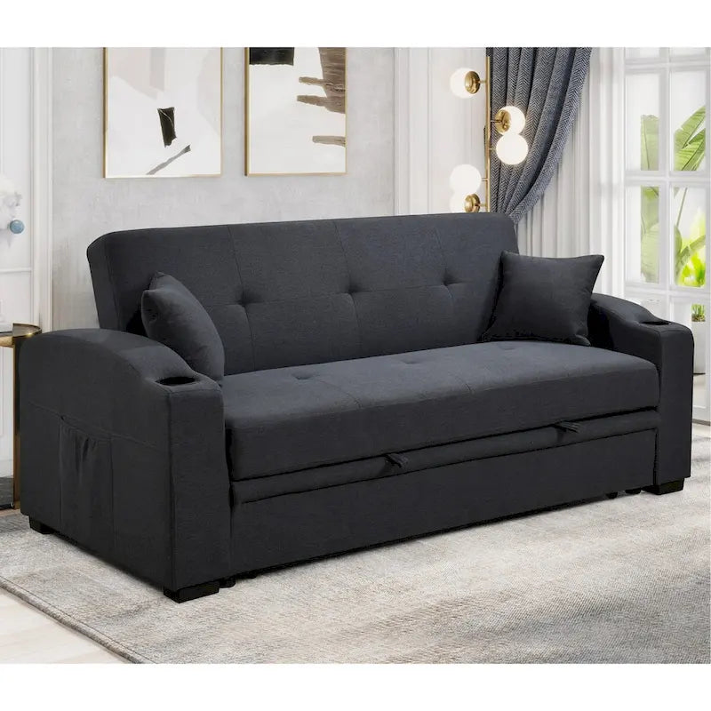 Divano Letto Convertibile Grigio / Nero a 2 Posti con Schienale Reclinabile e Portabicchieri