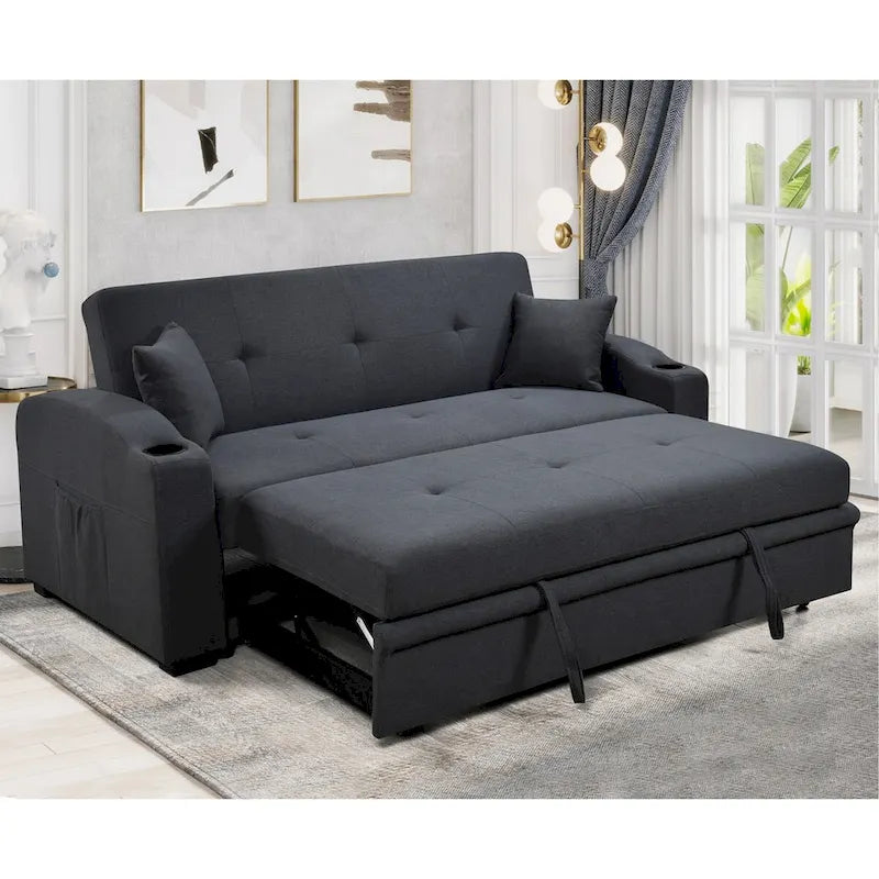 Divano Letto Convertibile Grigio / Nero a 2 Posti con Schienale Reclinabile e Portabicchieri