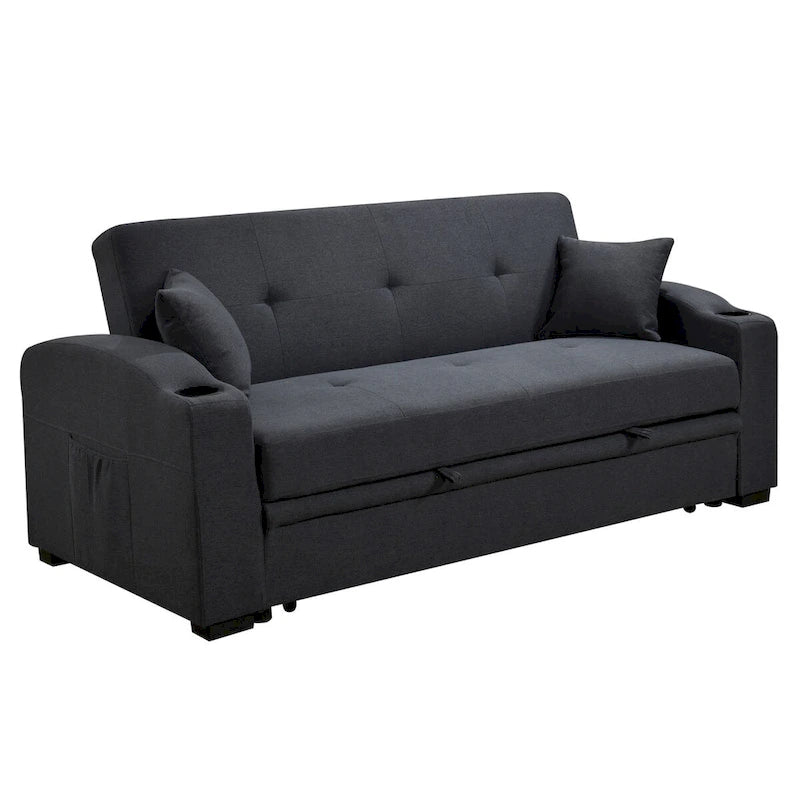 Divano Letto Convertibile Grigio / Nero a 2 Posti con Schienale Reclinabile e Portabicchieri