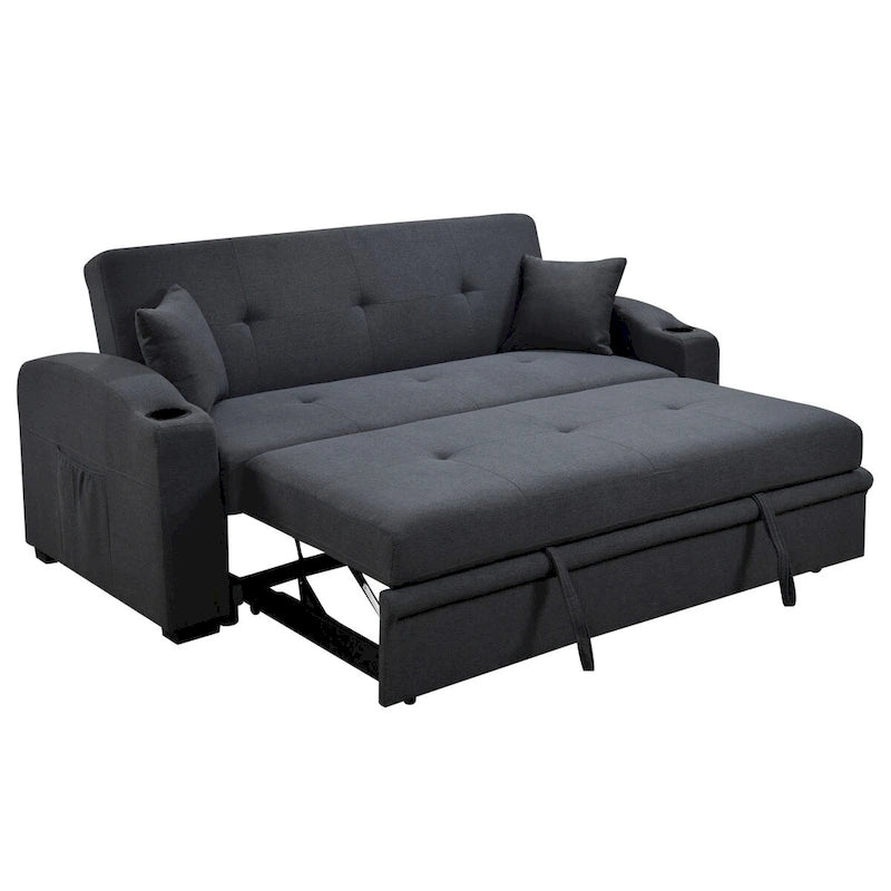 Divano Letto Convertibile Grigio / Nero a 2 Posti con Schienale Reclinabile e Portabicchieri
