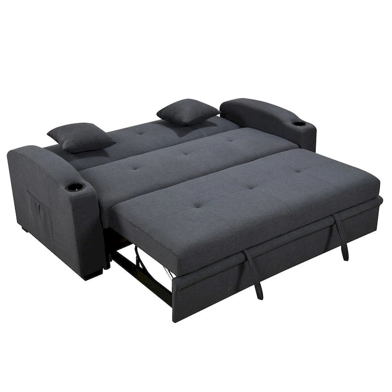 Divano Letto Convertibile Grigio / Nero a 2 Posti con Schienale Reclinabile e Portabicchieri
