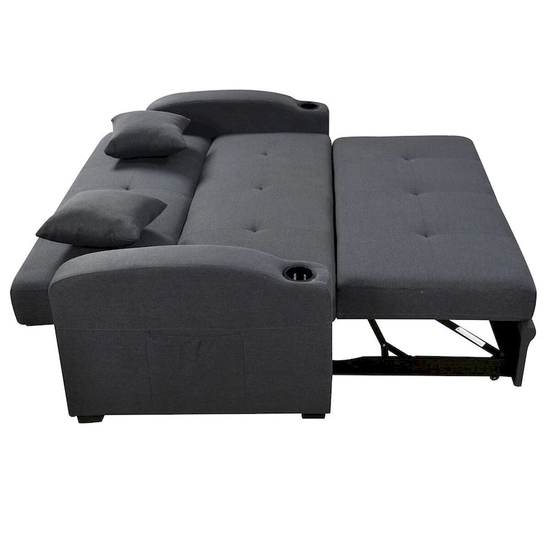 Divano Letto Convertibile Grigio / Nero a 2 Posti con Schienale Reclinabile e Portabicchieri