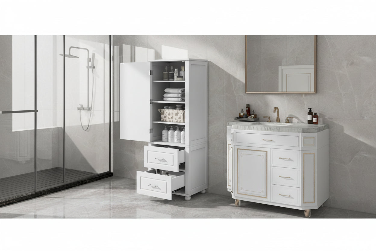 Mobiletto da bagno bianco con 2 cassetti e ripiano regolabile